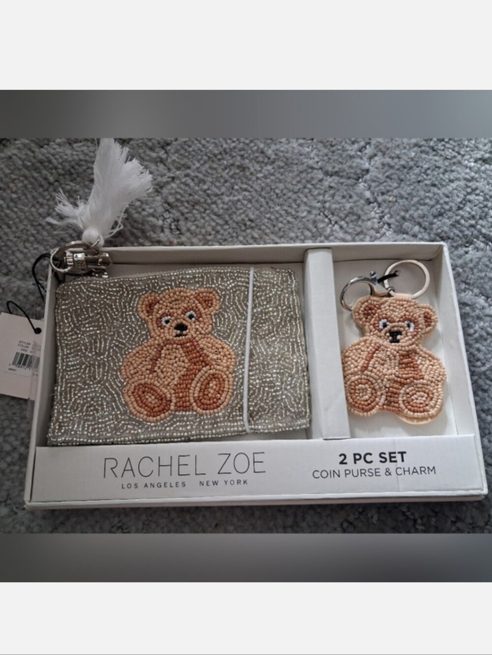 Rachel Zoe Beaded Silver Teddy Bear Coin Purse & Charm NWT $40